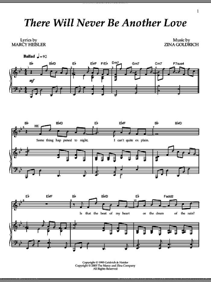 There Will Never Be Another Love sheet music for voice and piano by Goldrich & Heisler, Marcy Heisler and Zina Goldrich, intermediate skill level