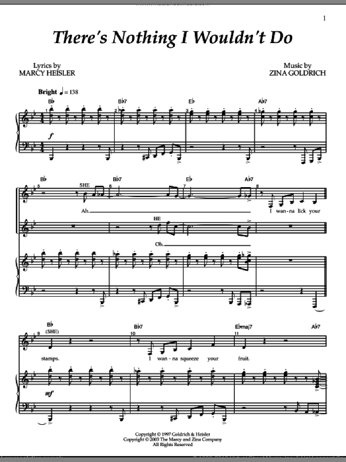 There's Nothing I Wouldn't Do sheet music for voice and piano by Goldrich & Heisler, Marcy Heisler and Zina Goldrich, intermediate skill level
