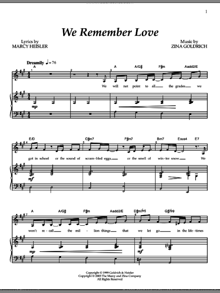 We Remember Love sheet music for voice and piano by Goldrich & Heisler, Marcy Heisler and Zina Goldrich, intermediate skill level