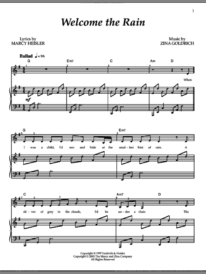 Welcome The Rain sheet music for voice and piano by Goldrich & Heisler, Marcy Heisler and Zina Goldrich, intermediate skill level