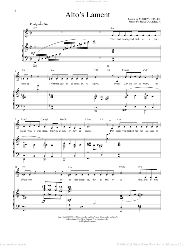 Alto's Lament sheet music for voice and piano by Goldrich & Heisler, Marcy Heisler and Zina Goldrich, intermediate skill level