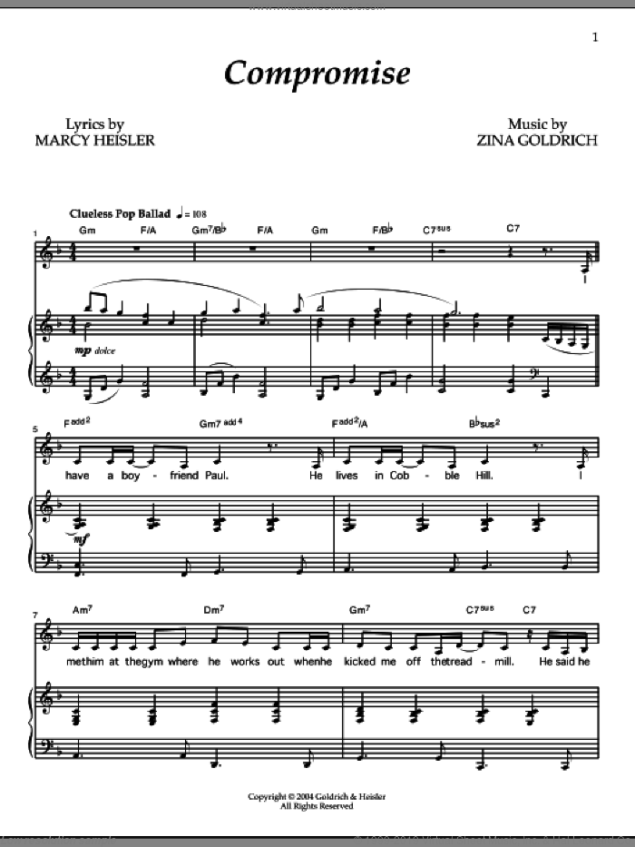 Compromise sheet music for voice and piano by Goldrich & Heisler, Marcy Heisler and Zina Goldrich, intermediate skill level
