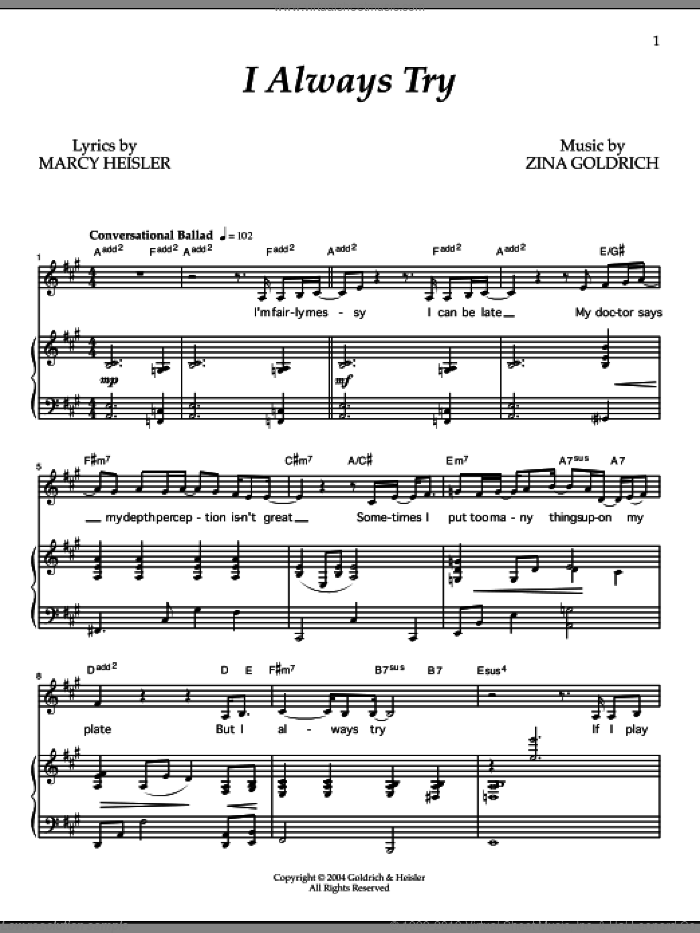 I Always Try sheet music for voice and piano by Goldrich & Heisler, Marcy Heisler and Zina Goldrich, intermediate skill level
