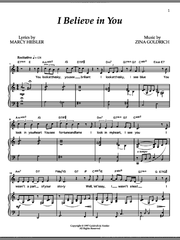 I Believe In You sheet music for voice and piano by Goldrich & Heisler, Marcy Heisler and Zina Goldrich, intermediate skill level