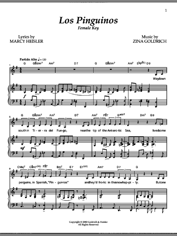 Los Pinguinos (Female Key) sheet music for voice and piano by Goldrich & Heisler, Marcy Heisler and Zina Goldrich, intermediate skill level