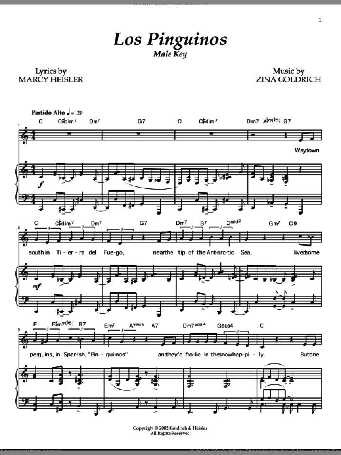 Los Pinguinos (Male Key) sheet music for voice and piano by Goldrich & Heisler, Marcy Heisler and Zina Goldrich, intermediate skill level