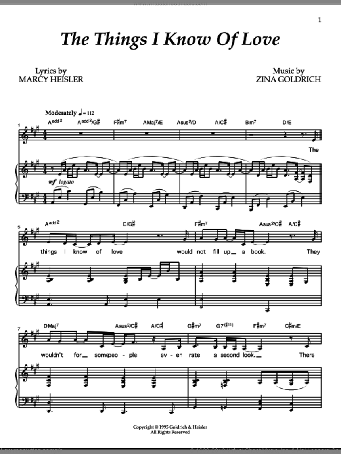 The Things I Know Of Love sheet music for voice and piano by Goldrich & Heisler, Marcy Heisler and Zina Goldrich, intermediate skill level