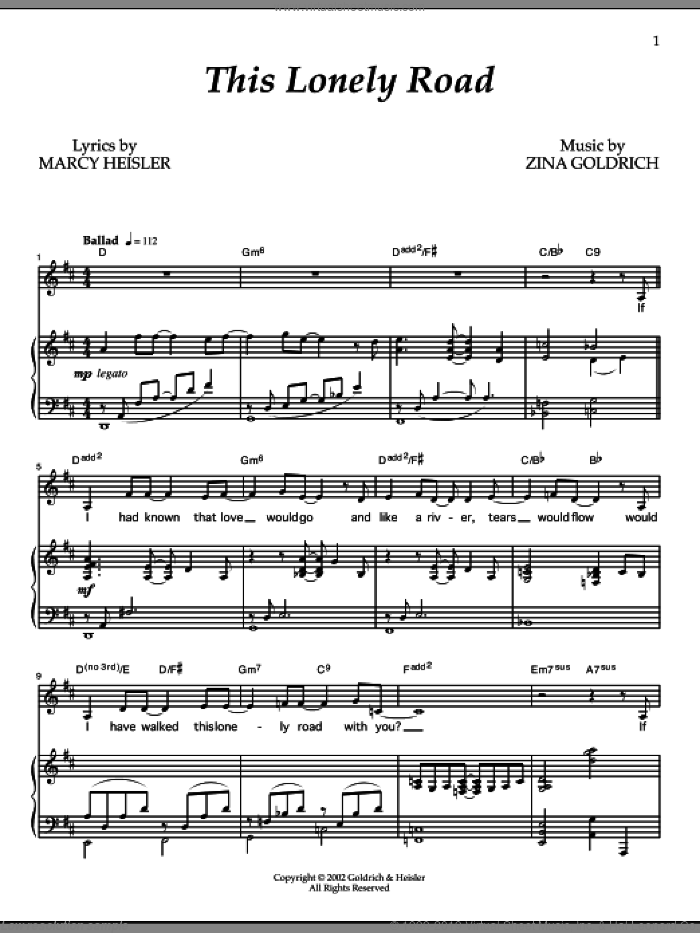 This Lonely Road sheet music for voice and piano by Goldrich & Heisler, Marcy Heisler and Zina Goldrich, intermediate skill level