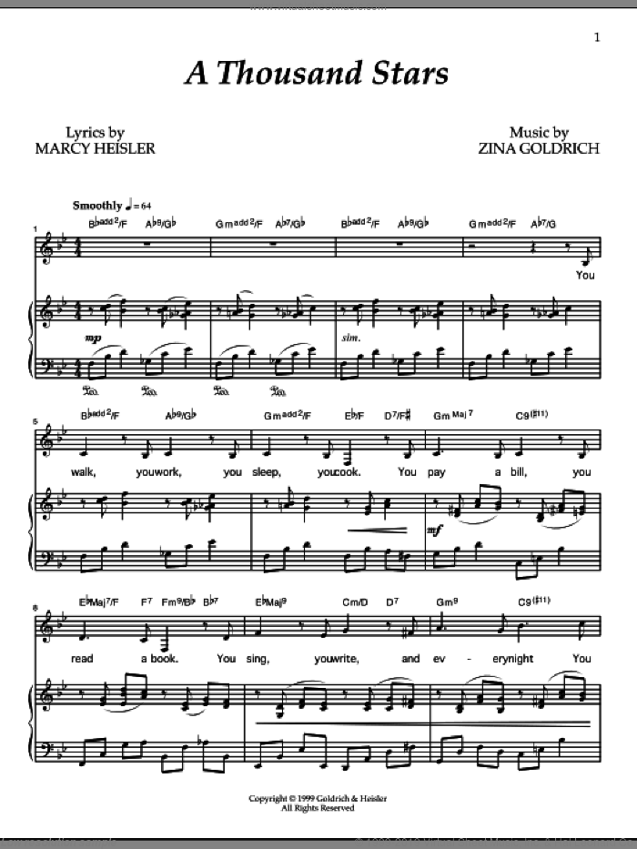 A Thousand Stars sheet music for voice and piano by Goldrich & Heisler, Marcy Heisler and Zina Goldrich, intermediate skill level