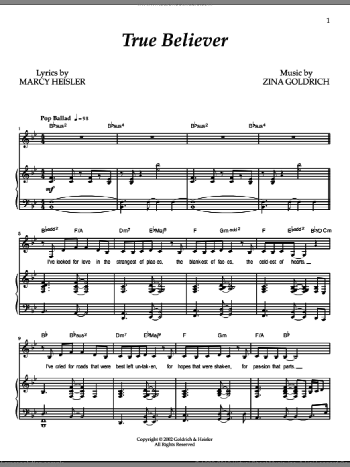 True Believer sheet music for voice and piano by Goldrich & Heisler, Marcy Heisler and Zina Goldrich, intermediate skill level