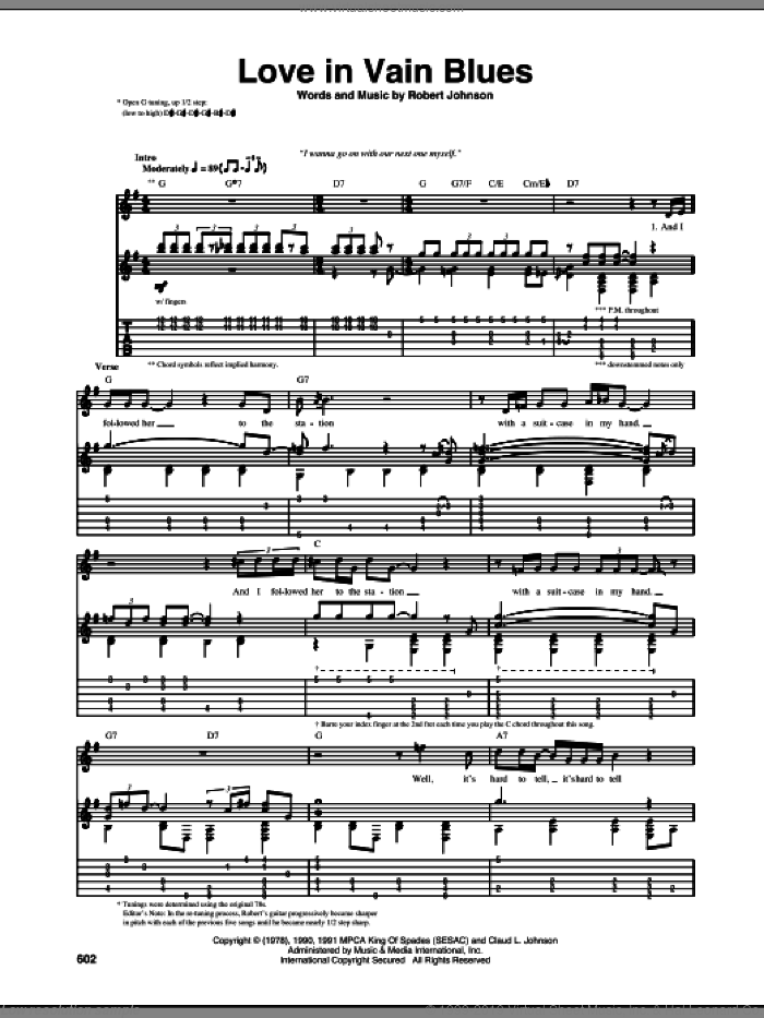 Love In Vain Blues sheet music for guitar (tablature) by Robert Johnson, intermediate skill level