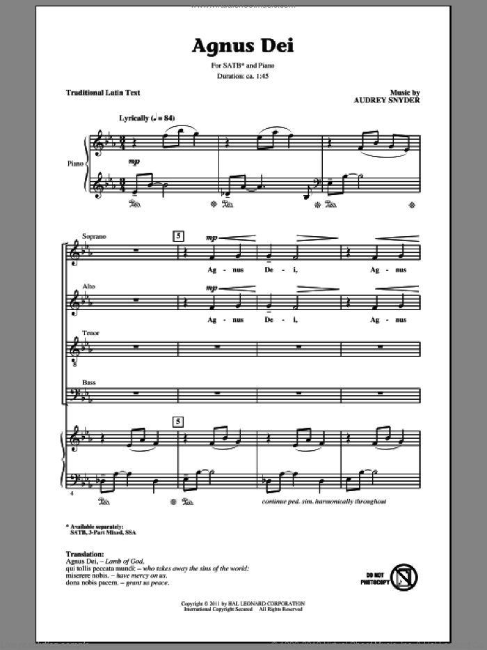Agnus Dei sheet music for choir (SATB: soprano, alto, tenor, bass) by Audrey Snyder and Miscellaneous, intermediate skill level