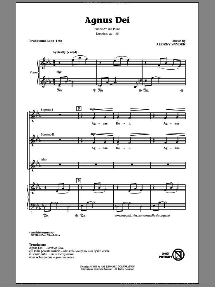 Agnus Dei sheet music for choir (SSA: soprano, alto) by Audrey Snyder and Miscellaneous, intermediate skill level