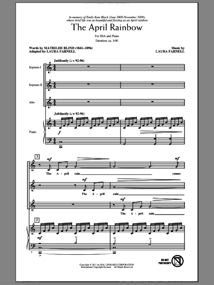 The April Rainbow sheet music for choir (SSA: soprano, alto) by Laura Farnell and Mathilde Blind, intermediate skill level