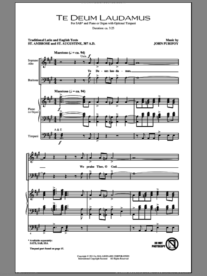 Te Deum Laudamus sheet music for choir (SAB: soprano, alto, bass) by John Purifoy, intermediate skill level