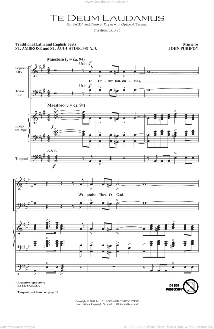 Te Deum Laudamus sheet music for choir (SATB: soprano, alto, tenor, bass) by John Purifoy, intermediate skill level