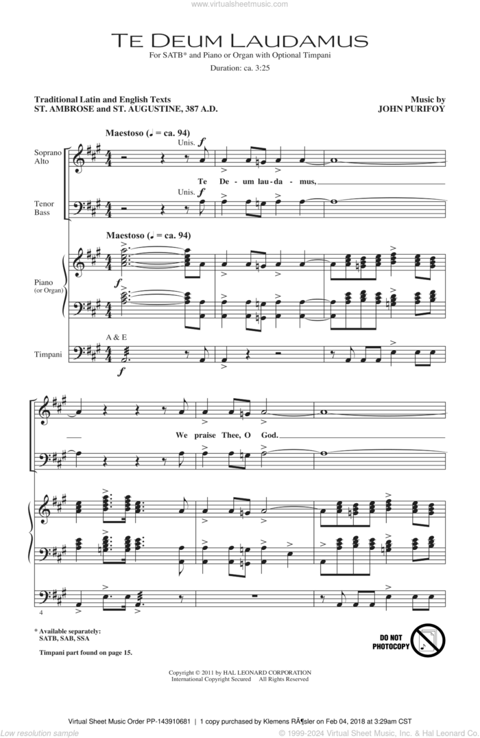 Te Deum Laudamus sheet music for choir (SATB: soprano, alto, tenor, bass) by John Purifoy, intermediate skill level