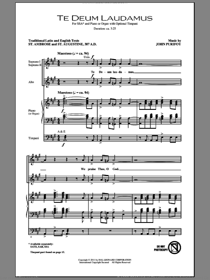Te Deum Laudamus sheet music for choir (SSA: soprano, alto) by John Purifoy, intermediate skill level
