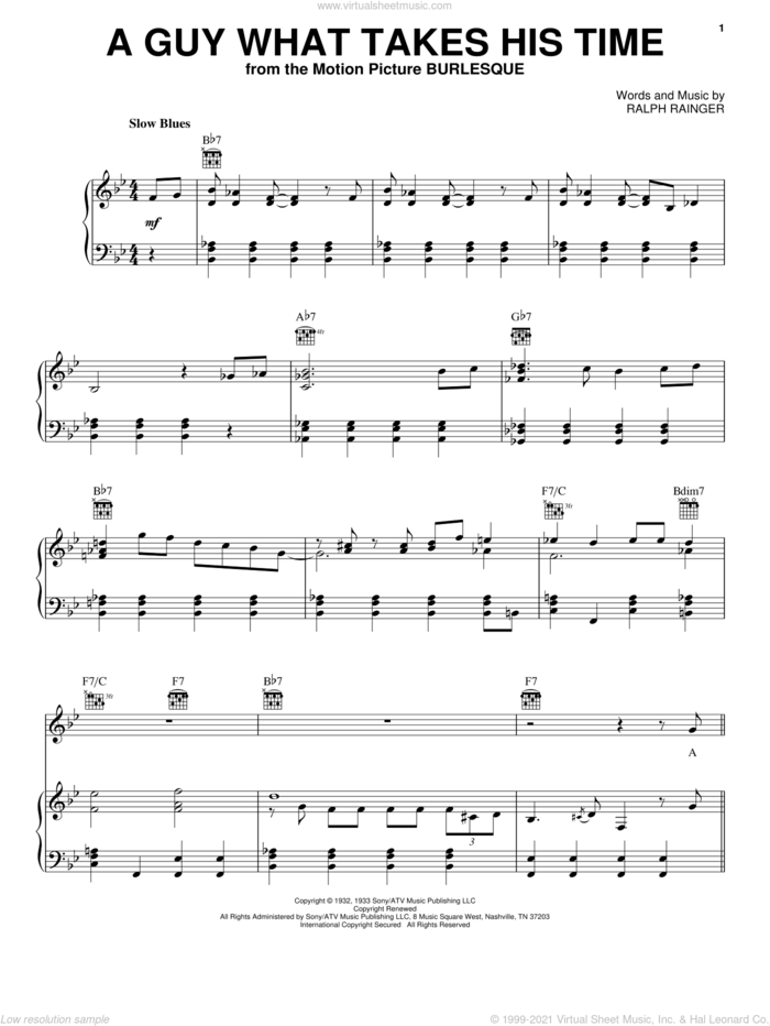 A Guy What Takes His Time sheet music for voice, piano or guitar by Christina Aguilera, Burlesque (Movie) and Ralph Rainger, intermediate skill level