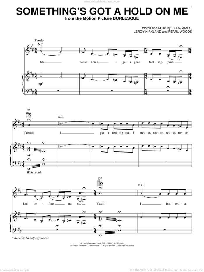 Something's Got A Hold On Me sheet music for voice, piano or guitar by Christina Aguilera, Burlesque (Movie), Etta James, Leroy Kirkland and Pearl Woods, intermediate skill level