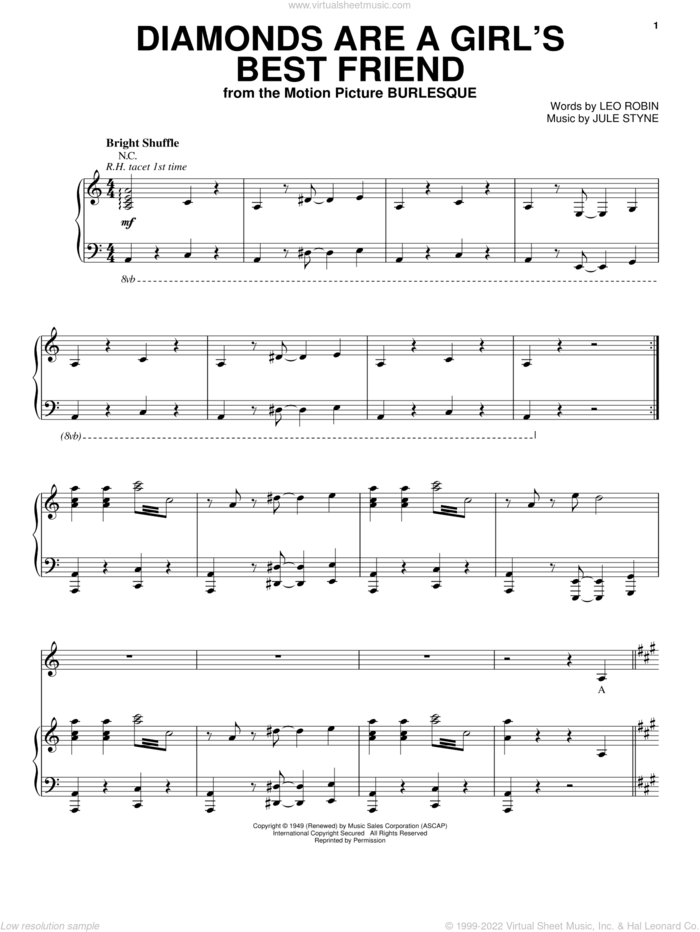 Diamonds Are A Girl's Best Friend sheet music for voice, piano or guitar by Christina Aguilera, Burlesque (Movie), Marilyn Monroe, Jule Styne and Leo Robin, intermediate skill level