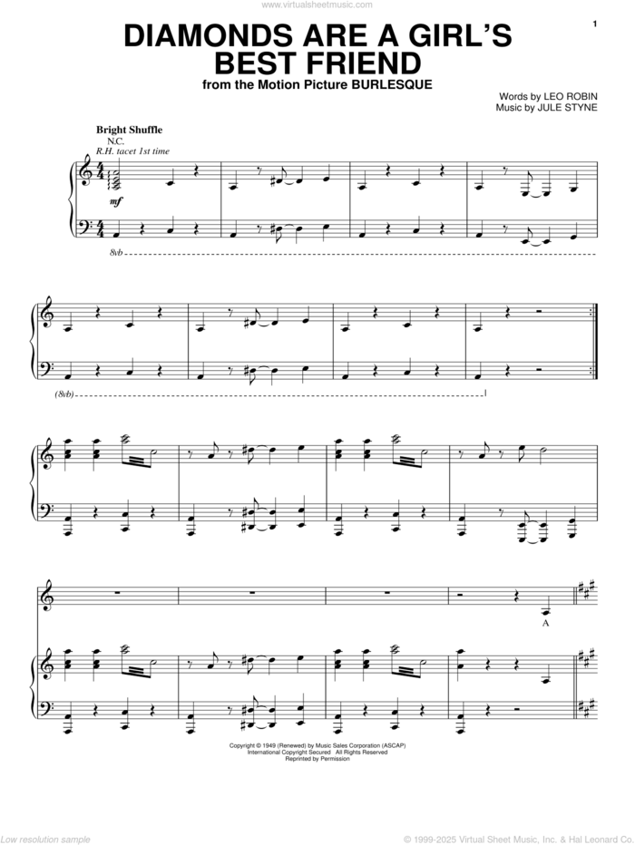 Diamonds Are A Girl's Best Friend sheet music for voice, piano or guitar by Christina Aguilera, Burlesque (Movie), Marilyn Monroe, Jule Styne and Leo Robin, intermediate skill level