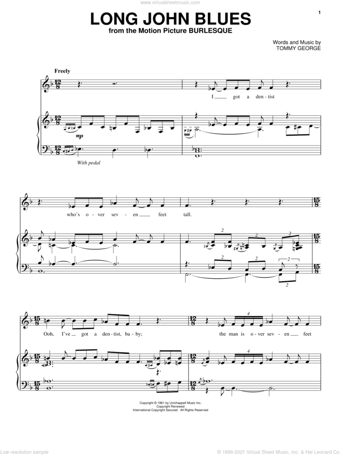 Long John Blues sheet music for voice, piano or guitar by Tommy George and Burlesque (Movie), intermediate skill level