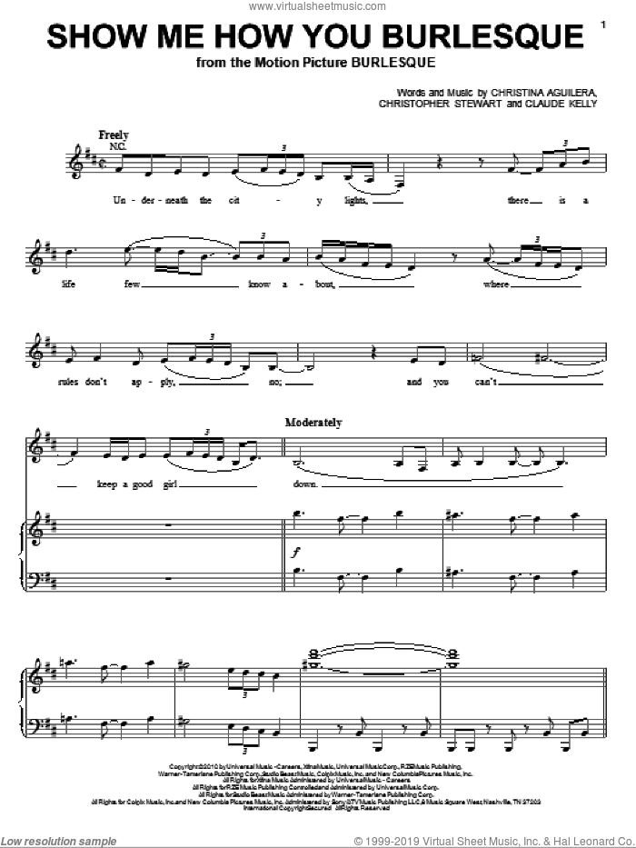 Show Me How You Burlesque sheet music for voice, piano or guitar by Christina Aguilera, Burlesque (Movie), Christopher Stewart and Claude Kelly, intermediate skill level