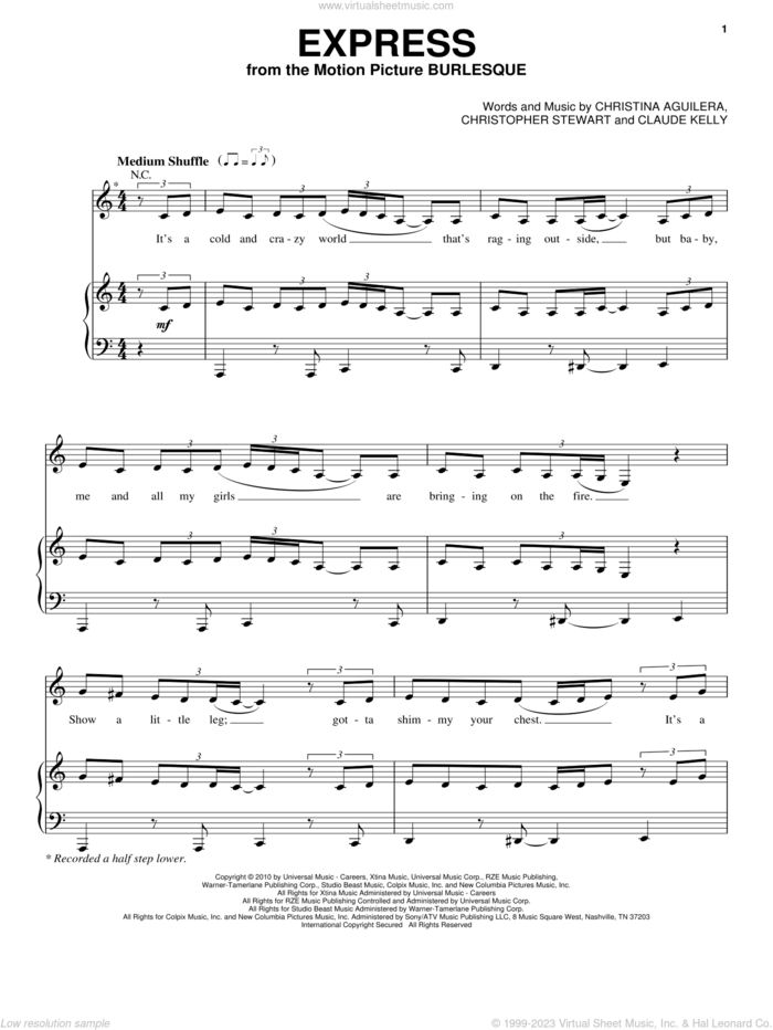 Express sheet music for voice, piano or guitar by Christina Aguilera, Burlesque (Movie), Christopher Stewart and Claude Kelly, intermediate skill level