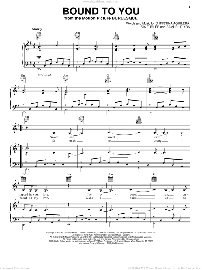 Bound To You (from Burlesque) sheet music for voice, piano or guitar by Christina Aguilera, Burlesque (Movie), Samuel Dixon and Sia Furler, intermediate skill level