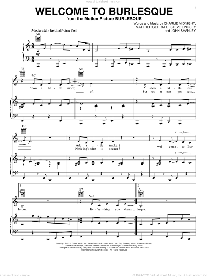 Welcome To Burlesque sheet music for voice, piano or guitar by Cher, Burlesque (Movie), Charlie Midnight, John Shanley, Matthew Gerrard and Steve Lindsey, intermediate skill level