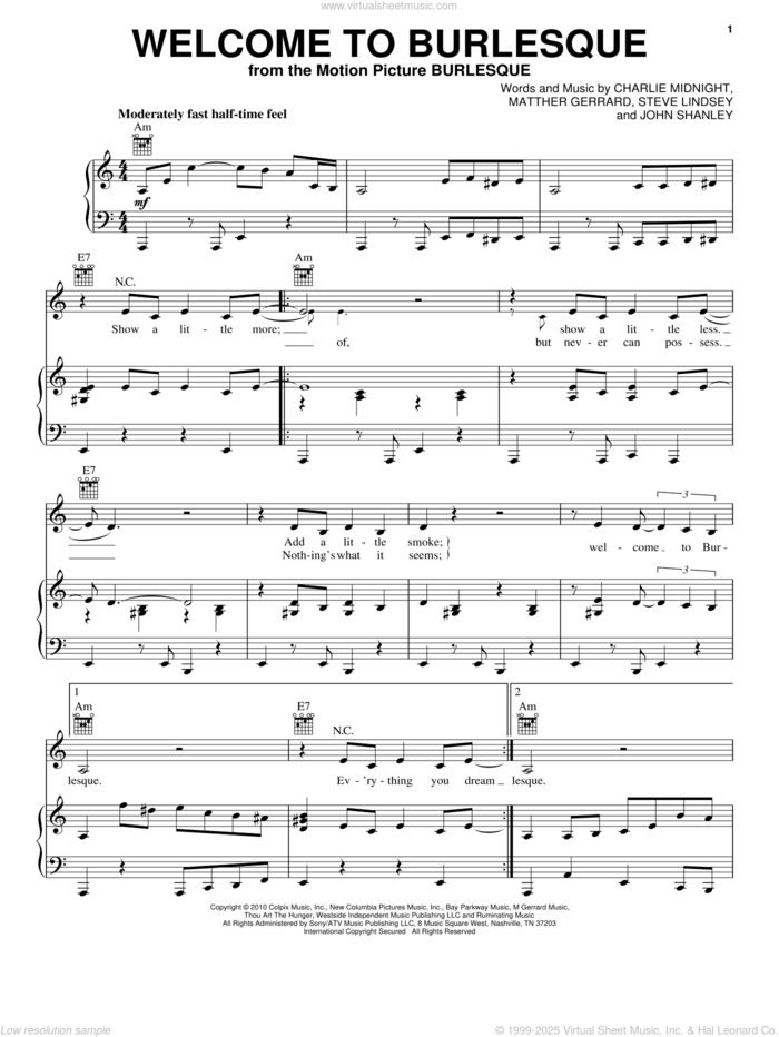 Welcome To Burlesque sheet music for voice, piano or guitar by Cher, Burlesque (Movie), Charlie Midnight, John Shanley, Matthew Gerrard and Steve Lindsey, intermediate skill level