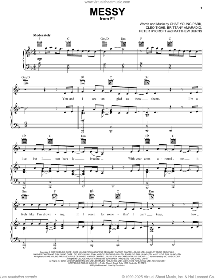 Messy (from F1: The Movie) sheet music for voice, piano or guitar by Rosé, Brittany Amaradio aka Delacey, Chae Young Park, Cleo Tighe, Matthew Burns and Peter Rycroft, intermediate skill level