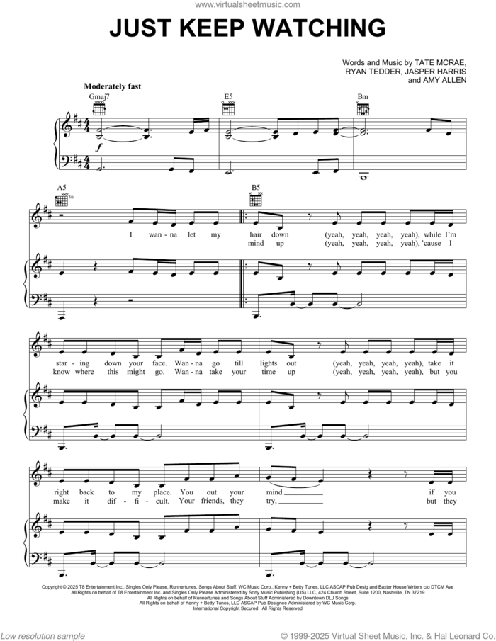 Just Keep Watching (from F1: The Movie) sheet music for voice, piano or guitar by Tate McRae, Amy Allen, Ryan Tedder and Tyler Spry, intermediate skill level