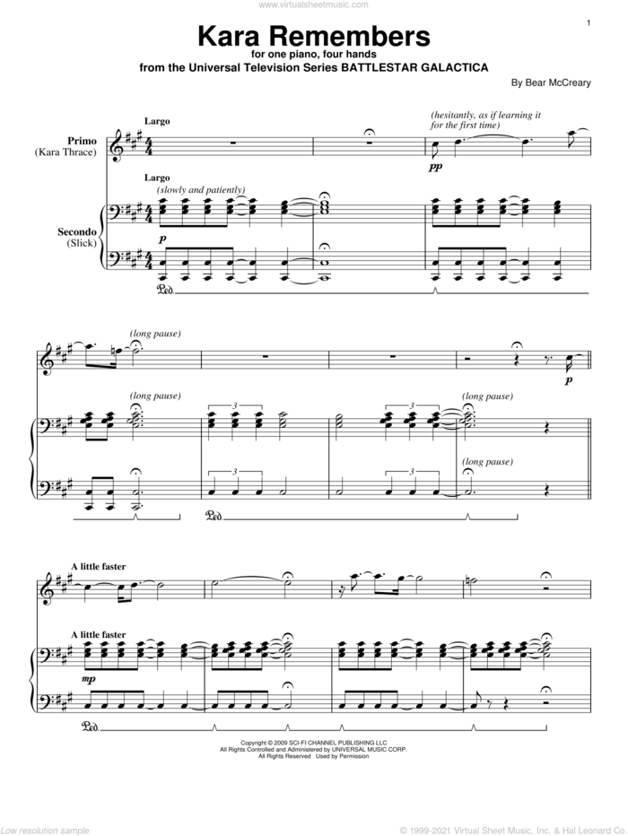 Kara Remembers sheet music for piano four hands by Bear McCreary and Battlestar Galactica (TV Series), intermediate skill level