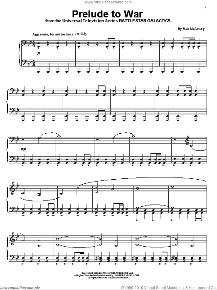 Prelude To War sheet music for piano solo by Bear McCreary and Battlestar Galactica (TV Series), intermediate skill level
