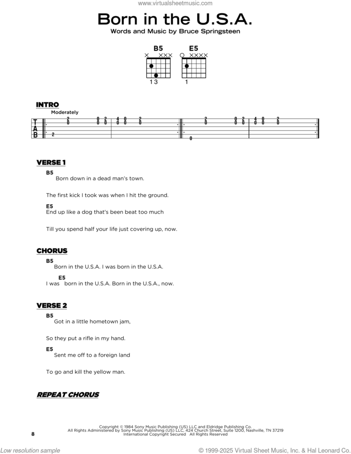 Born In The U.S.A. sheet music for guitar solo by Bruce Springsteen, beginner skill level