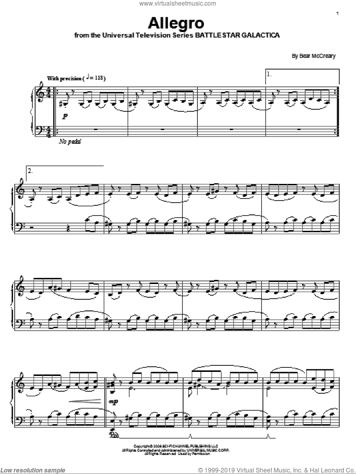 Allegro sheet music for piano solo by Bear McCreary and Battlestar Galactica (TV Series), intermediate skill level
