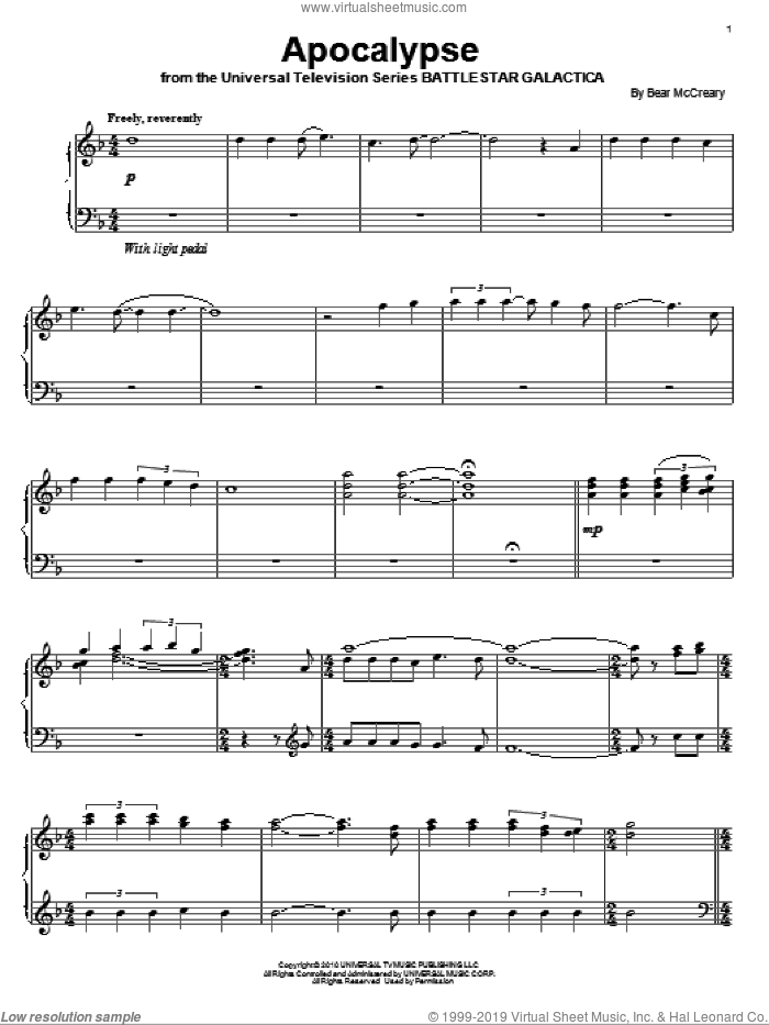 Apocalypse sheet music for piano solo by Bear McCreary and Battlestar Galactica (TV Series), intermediate skill level