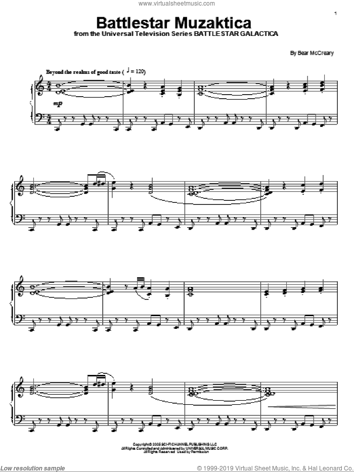Battlestar Muzaktica sheet music for piano solo by Bear McCreary and Battlestar Galactica (TV Series), intermediate skill level