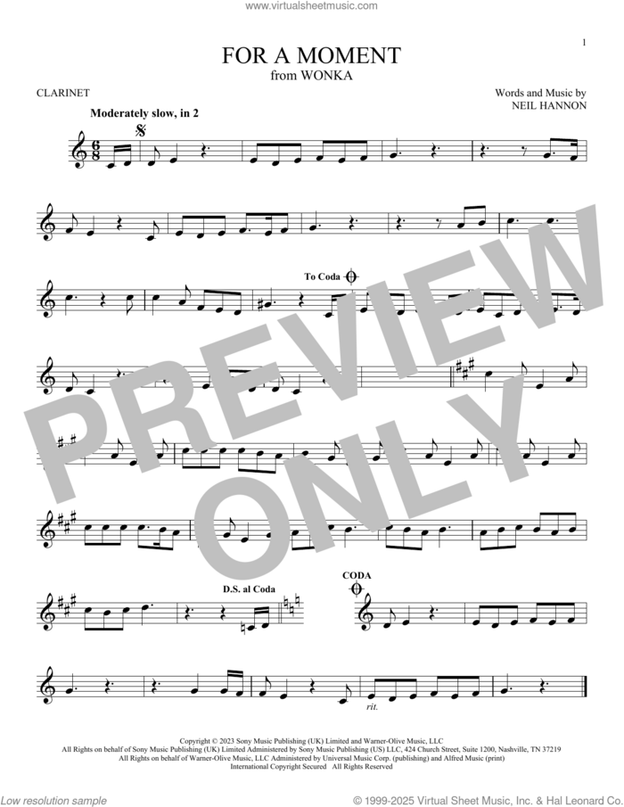 For A Moment (from Wonka) sheet music for clarinet solo by Neil Hannon, intermediate skill level