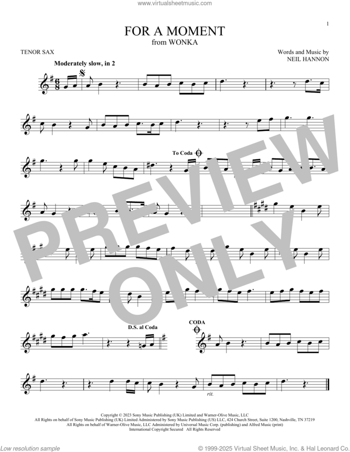 For A Moment (from Wonka) sheet music for tenor saxophone solo by Neil Hannon, intermediate skill level