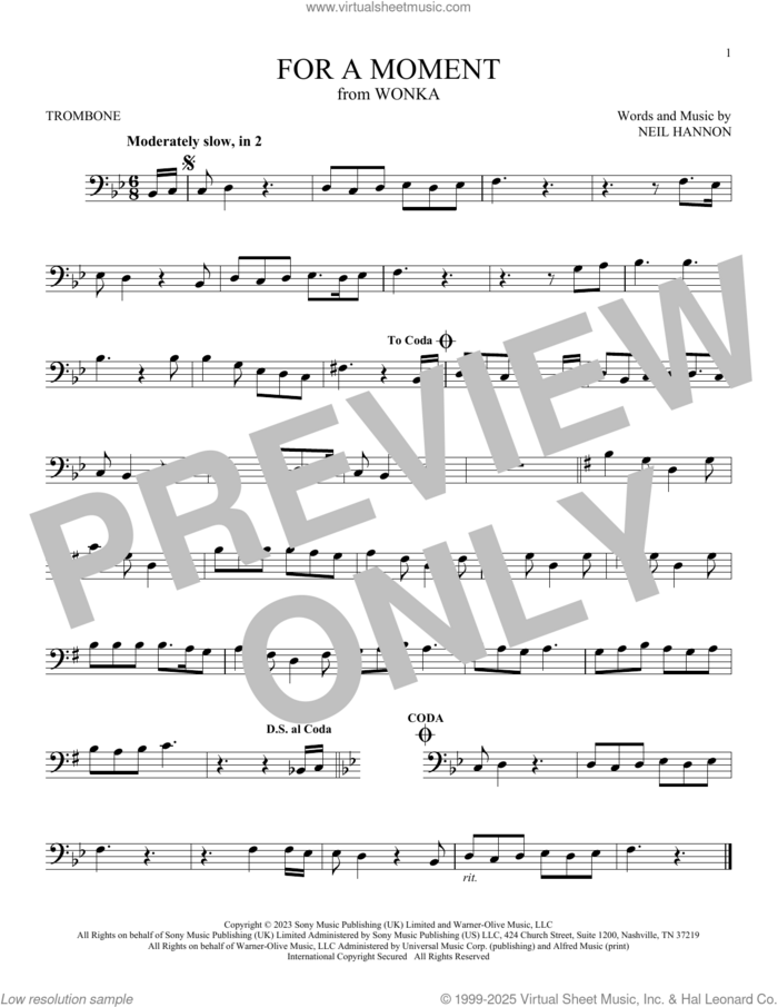 For A Moment (from Wonka) sheet music for trombone solo by Neil Hannon, intermediate skill level