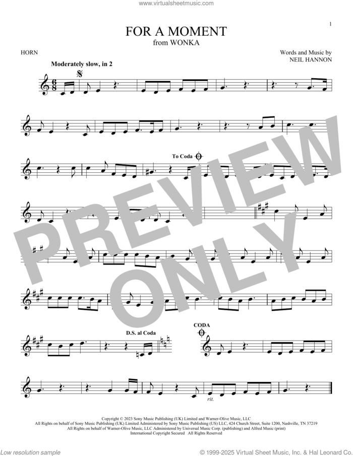 For A Moment (from Wonka) sheet music for horn solo by Neil Hannon, intermediate skill level