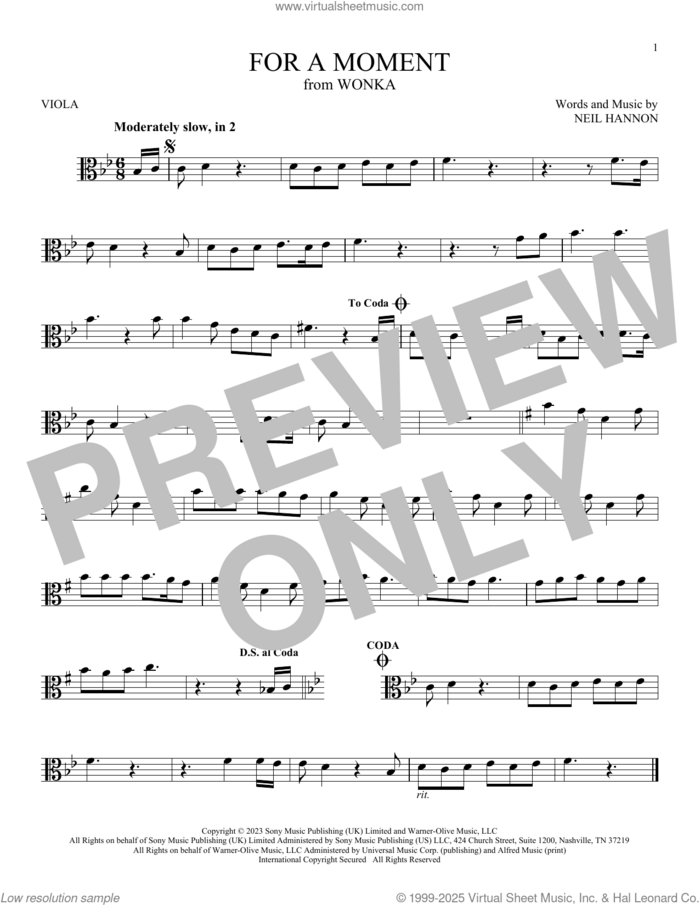 For A Moment (from Wonka) sheet music for viola solo by Neil Hannon, intermediate skill level