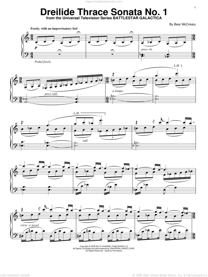 Dreilide Thrace Sonata No. 1 sheet music for piano solo by Bear McCreary and Battlestar Galactica (TV Series), intermediate skill level