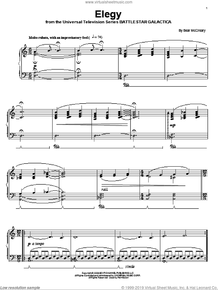Elegy sheet music for piano solo by Bear McCreary and Battlestar Galactica (TV Series), intermediate skill level