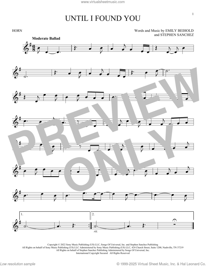 Until I Found You sheet music for horn solo by Stephen Sanchez and Emily Beihold, intermediate skill level