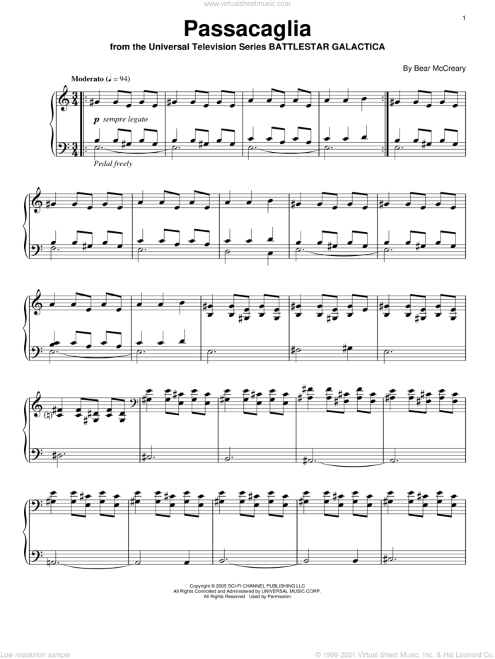 Passacaglia sheet music for piano solo by Bear McCreary and Battlestar Galactica (TV Series), intermediate skill level