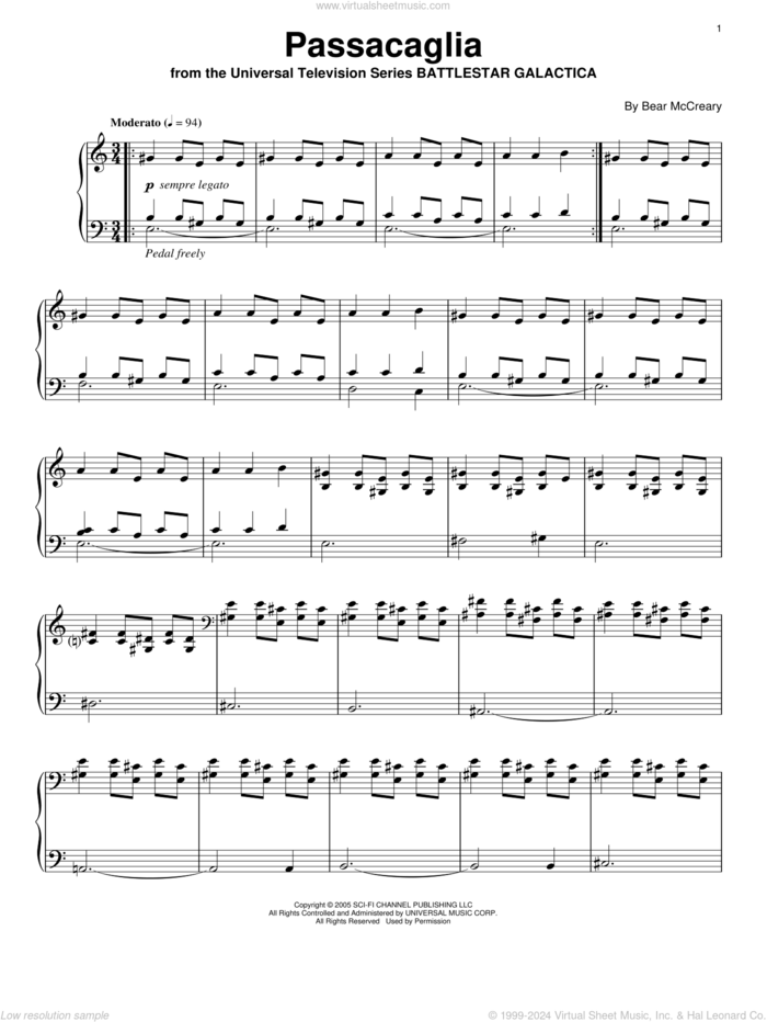 Passacaglia sheet music for piano solo by Bear McCreary and Battlestar Galactica (TV Series), intermediate skill level